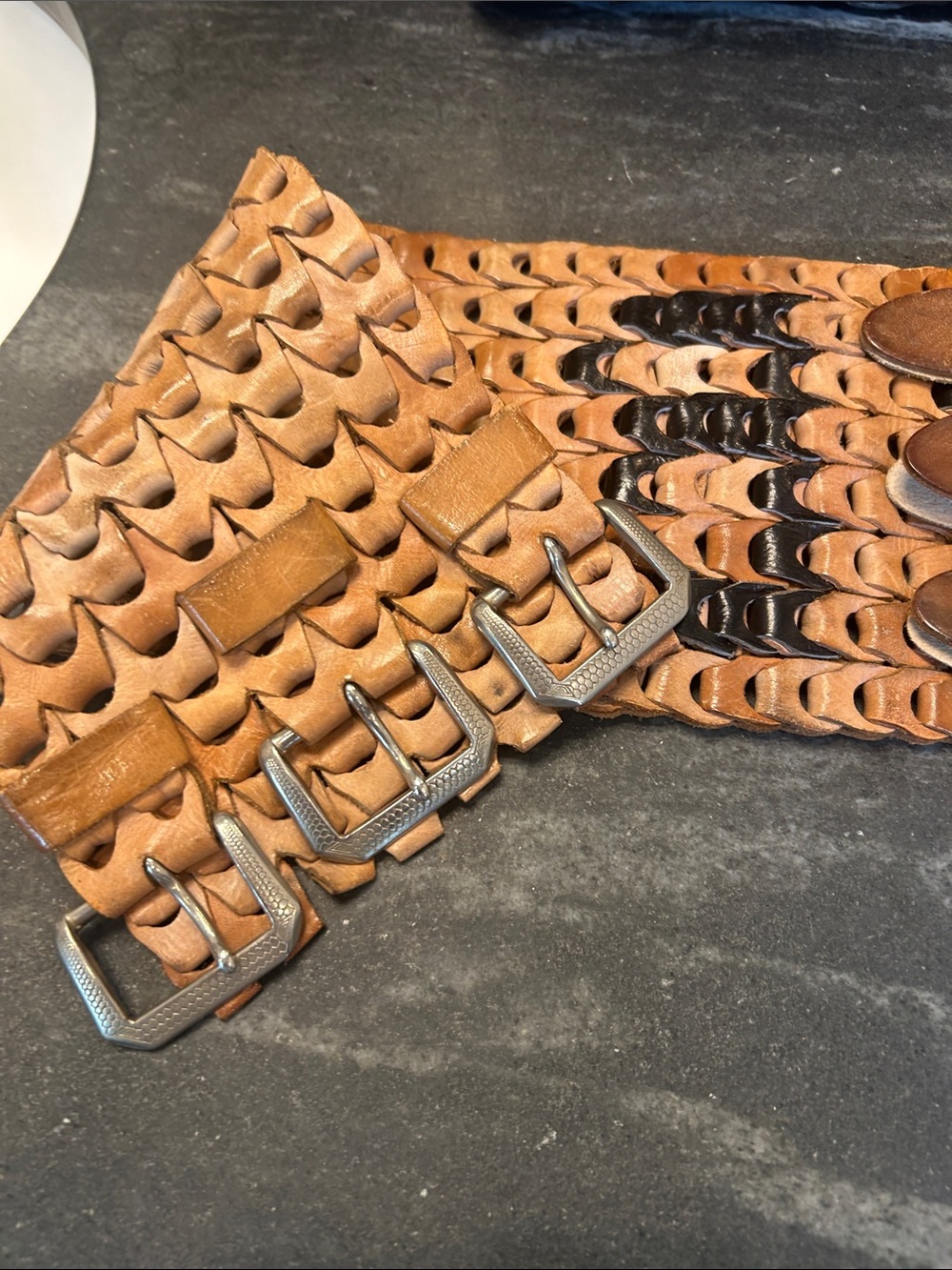 Vintage Free People  Collection, Woven Link, Triple Buckle Corset Belt in Cognac - Picture 9 of 16